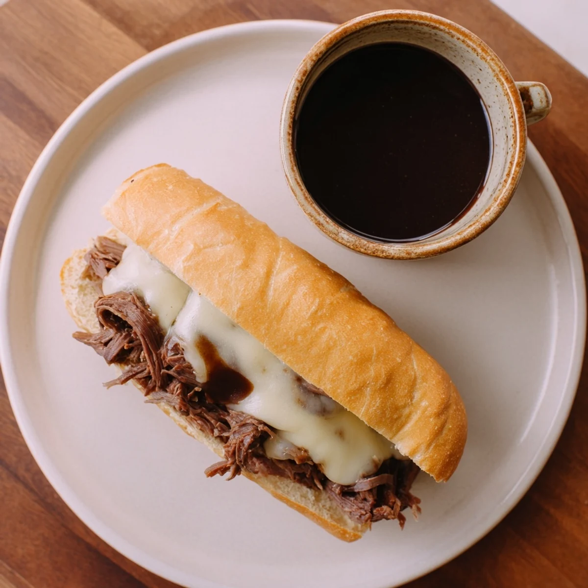 Crockpot French Dip Sandwiches featuring tender shredded beef on toasted hoagie rolls with melted provolone cheese