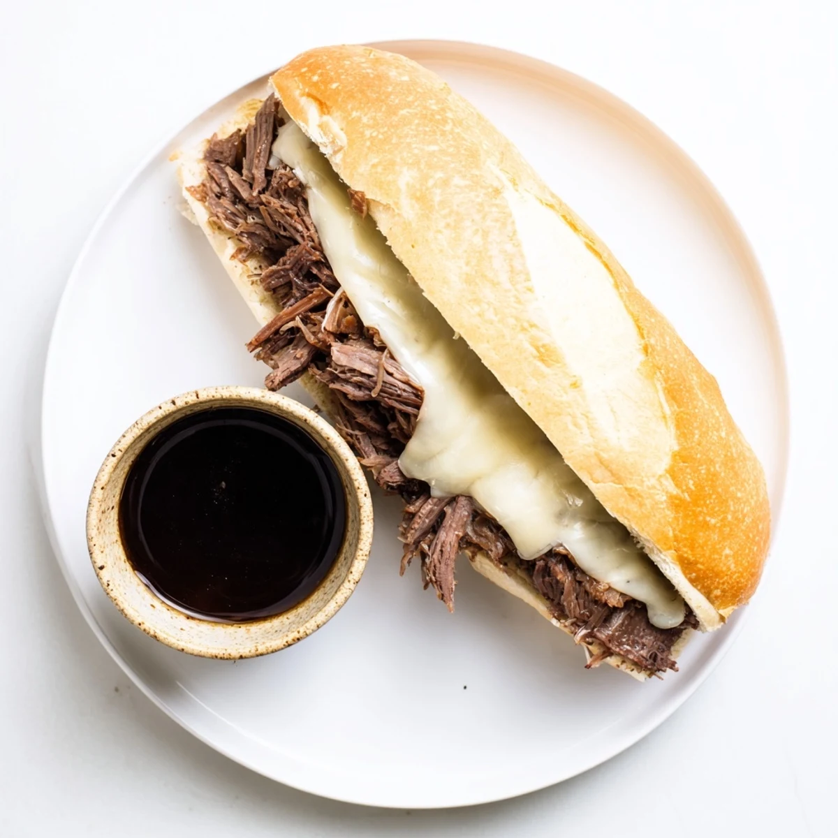Golden French Dip Sandwiches with gooey melted cheese and a side of flavorful beef broth for dipping