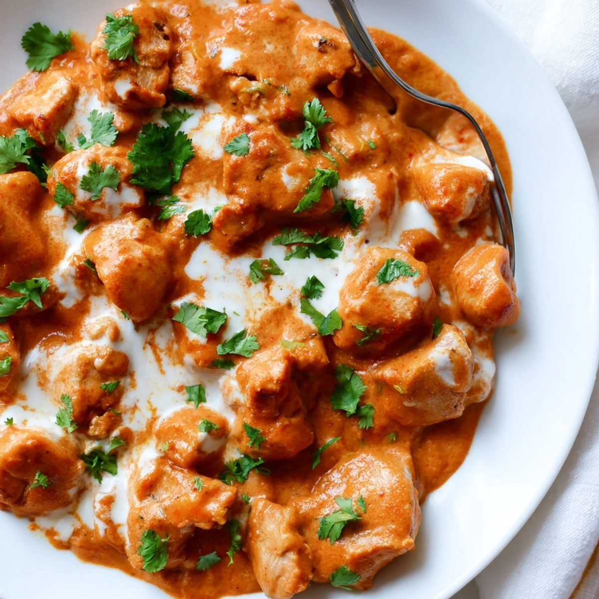 Golden Indian butter chicken garnished with herbs and naan bread for dipping