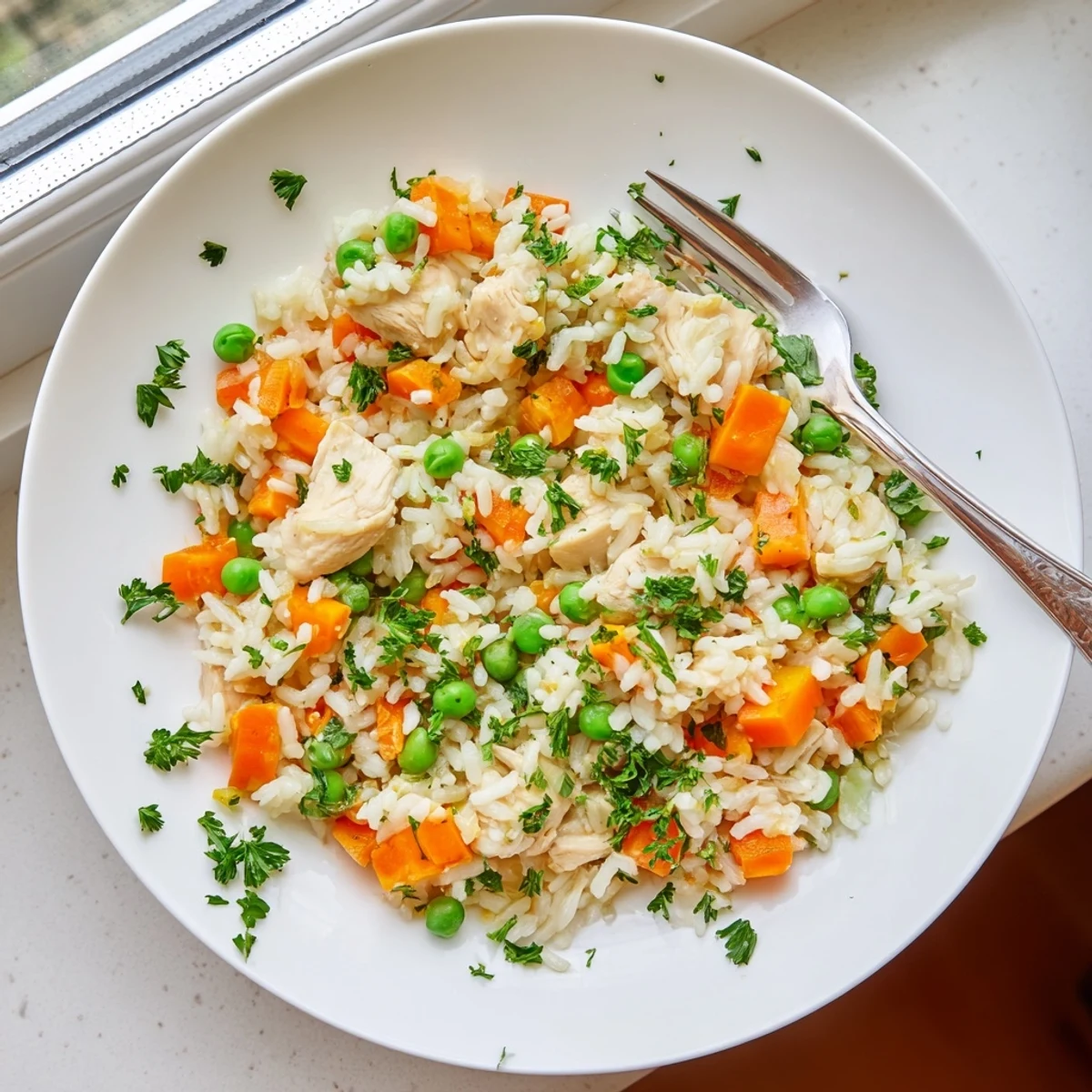 Golden chicken pieces and fluffy rice with colorful vegetables in a white bowl garnished with fresh parsley