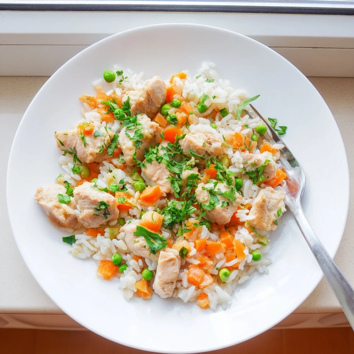 One-pot chicken and rice dinner showcasing steaming servings with diced vegetables and herb garnish