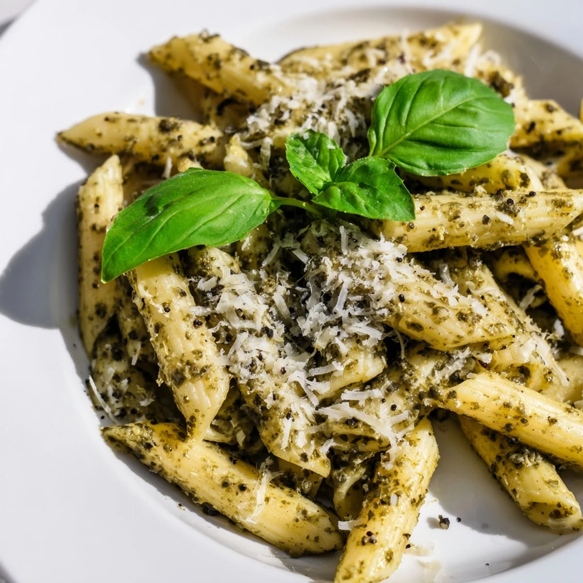 Creamy pesto pasta twirled in a bowl topped with fresh basil leaves and grated Parmesan