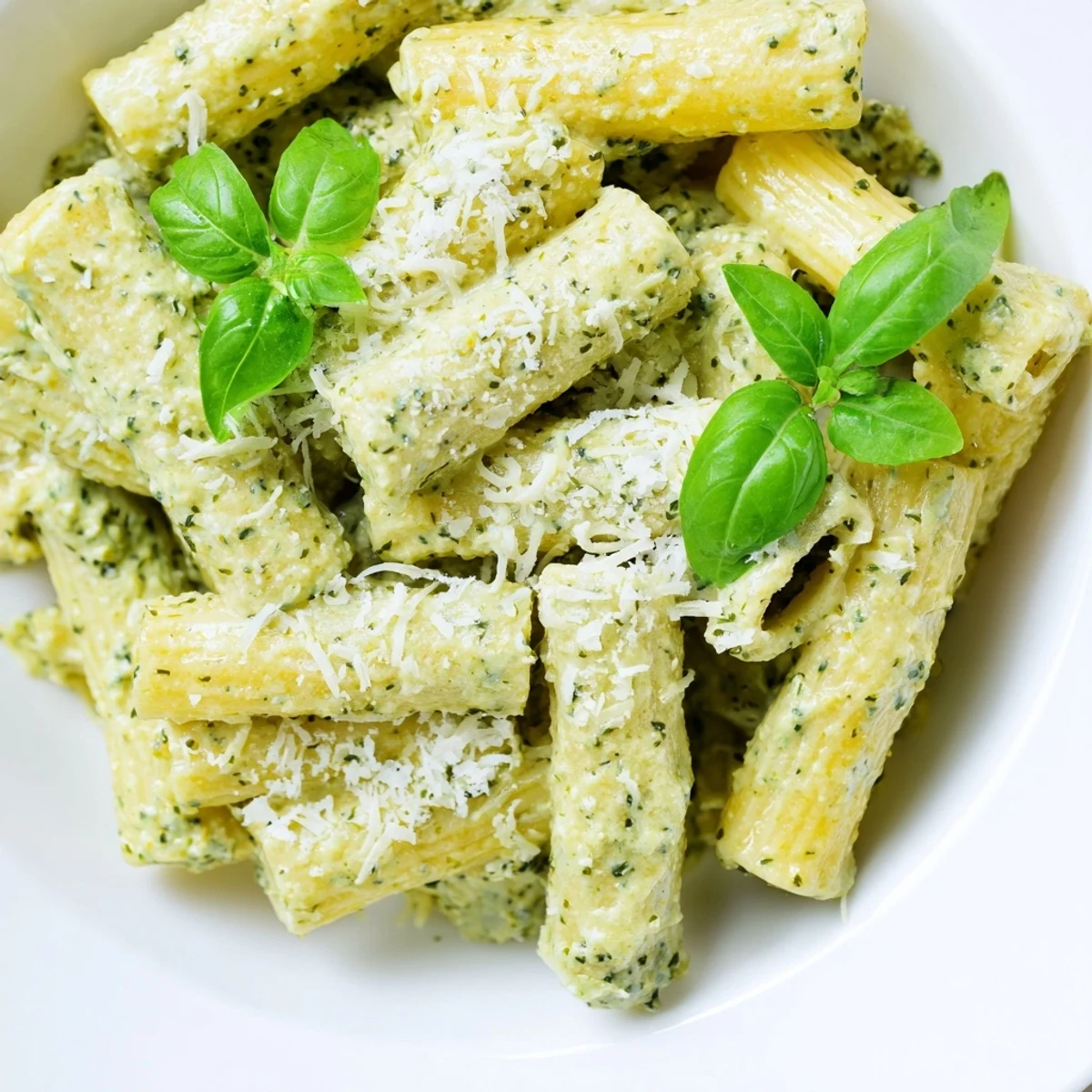 Steaming bowl of creamy pesto pasta garnished with extra parmesan and fresh green basil