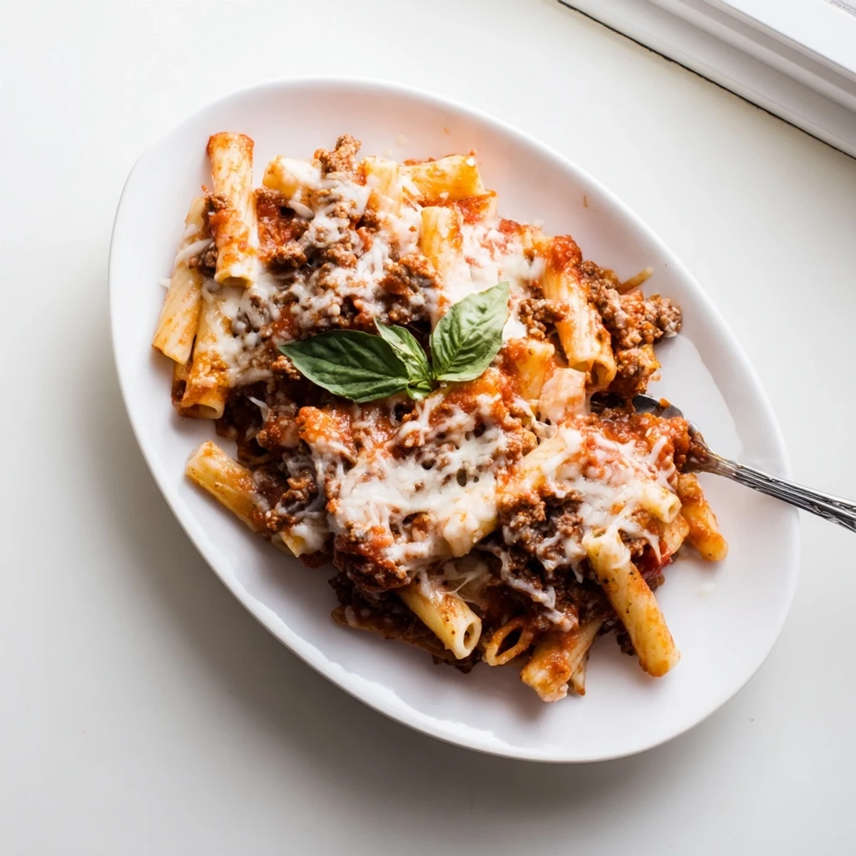 Creamy slow cooker baked ziti layers with ricotta, Italian sausage, and bubbly cheese topping