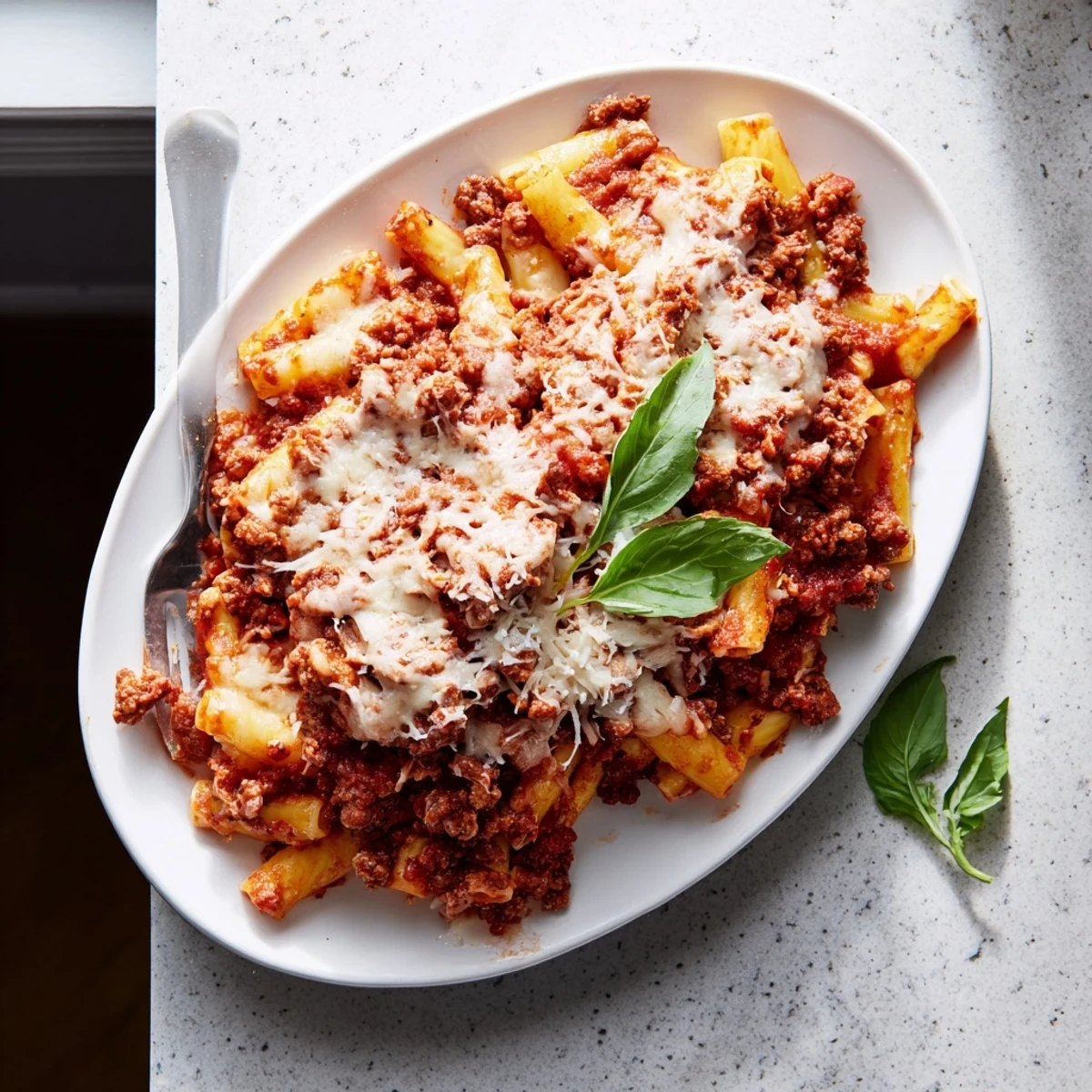 Hearty slow cooker baked ziti pasta with rich tomato sauce and gooey melted mozzarella