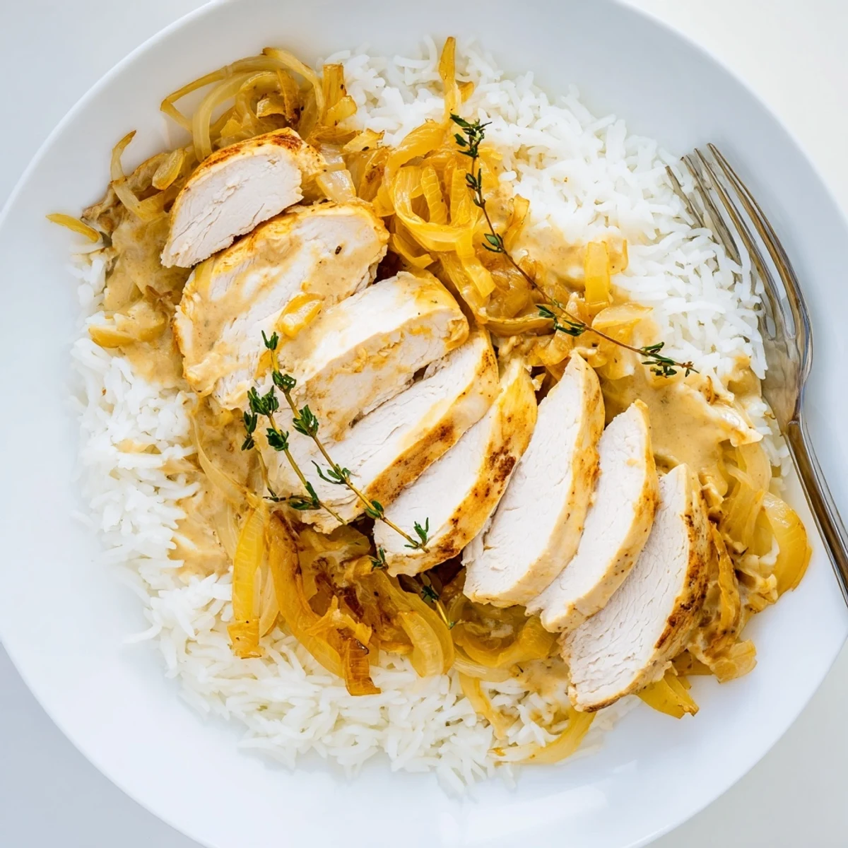 Creamy French onion chicken rice with melted Gruyère and caramelized onions in a rich sauce