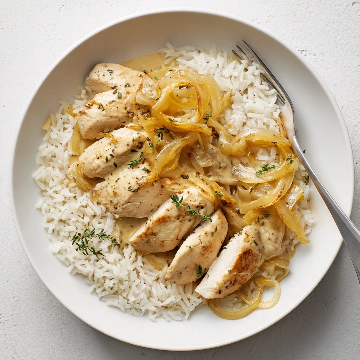 Hearty French onion chicken and rice bowl featuring creamy sauce and savory onion layers