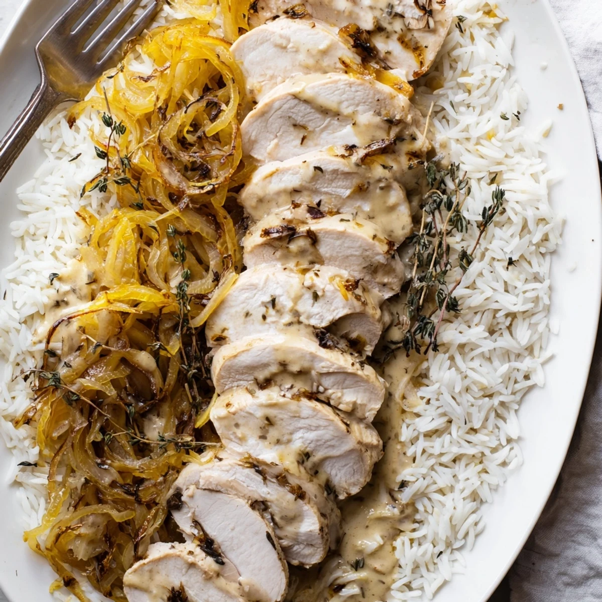 Golden seared chicken breasts resting on tender rice with bubbly browned cheese topping