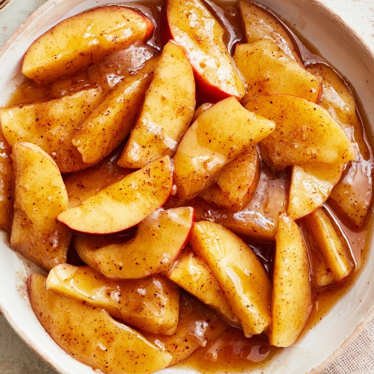 Warm Instant Pot cinnamon apples topped with melting butter over rustic wooden table
