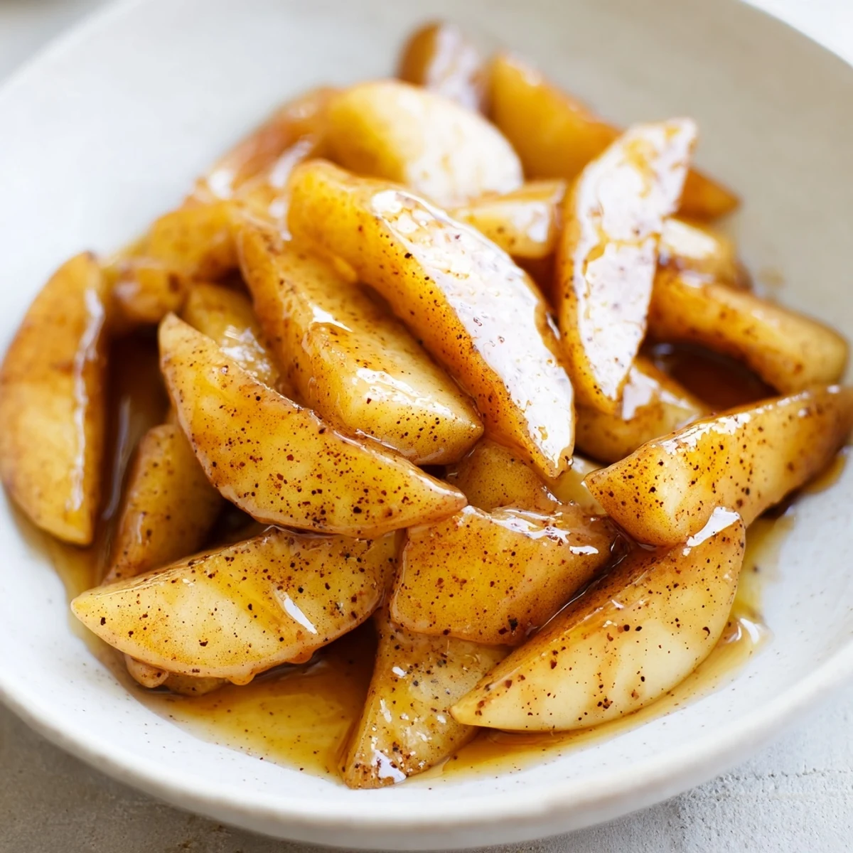 Tender cinnamon-spiced apples served in white bowl with glistening brown sugar glaze