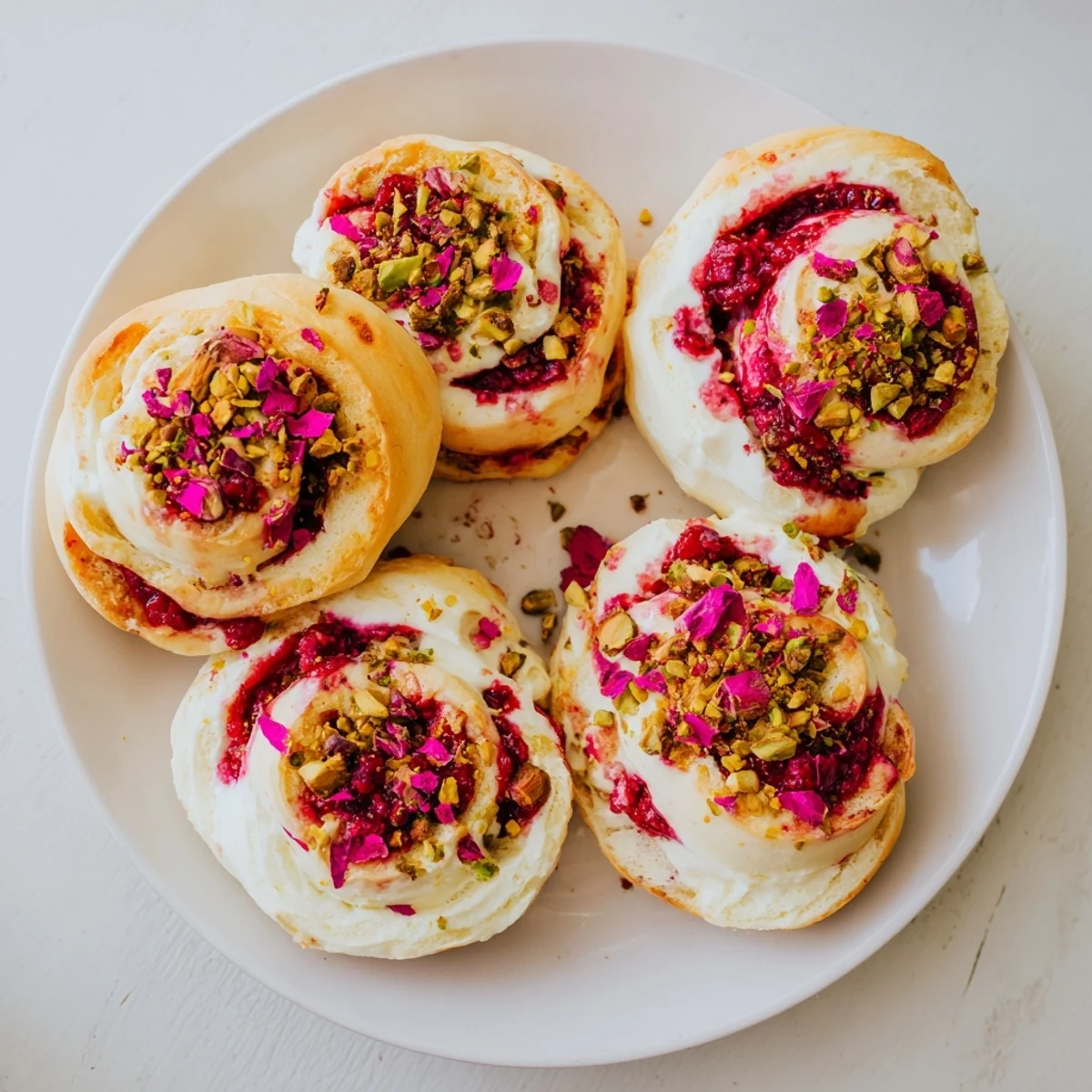 Golden raspberry and rose cheesecake buns topped with pistachios on a wooden board