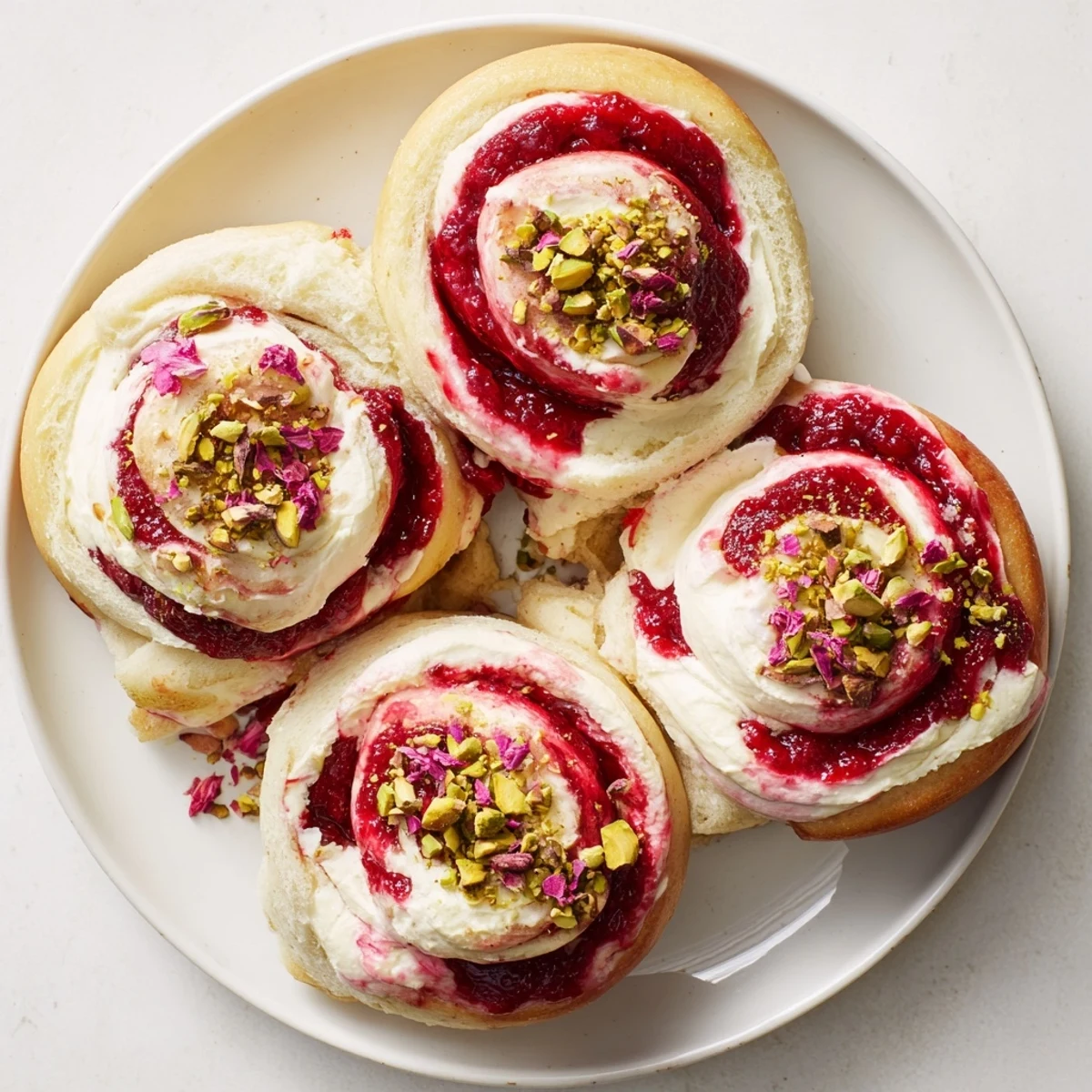 Soft sweet buns filled with rose cream cheese and bright raspberry compote filling