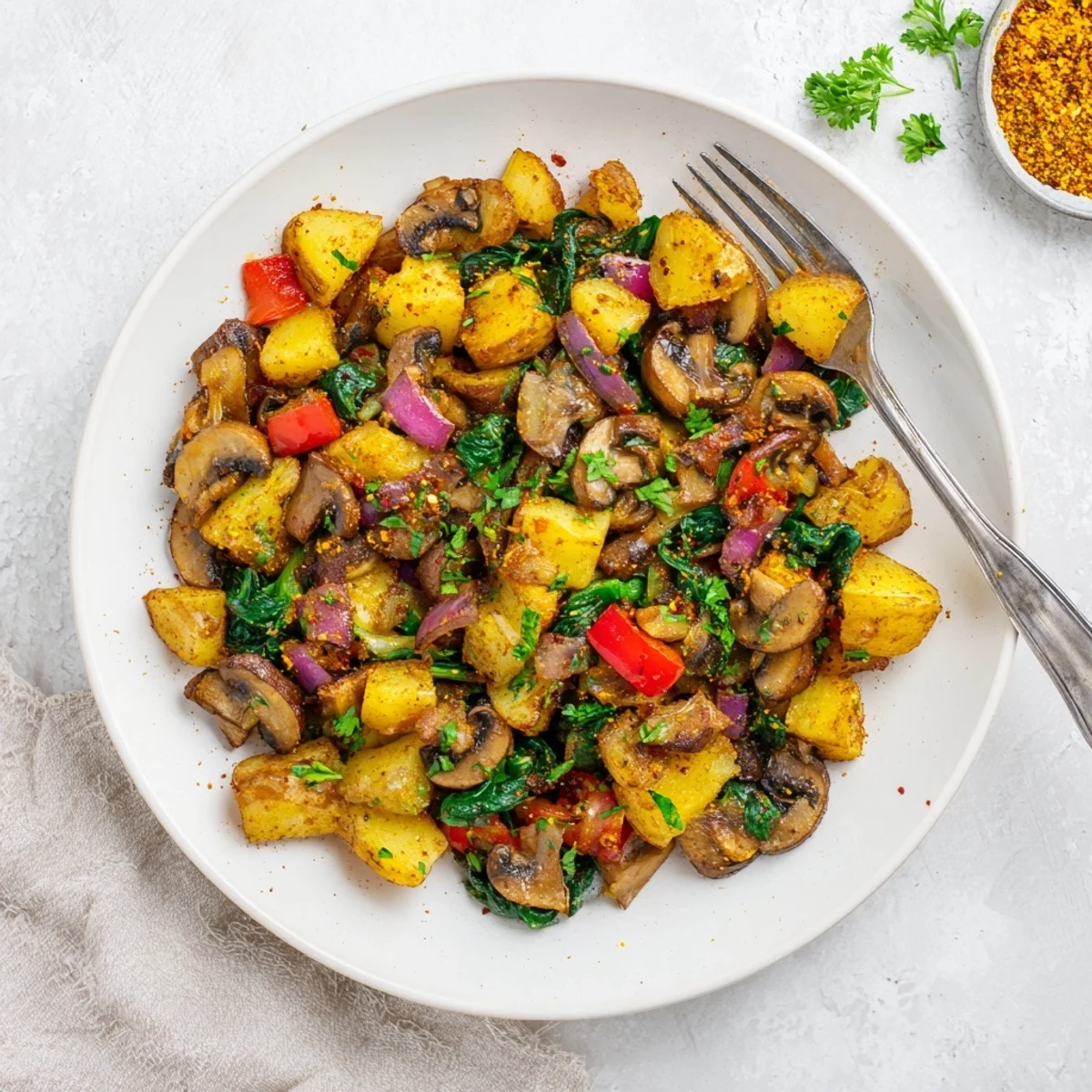 Golden crispy vegan breakfast hash with colorful bell peppers and diced potatoes in a cast iron skillet
