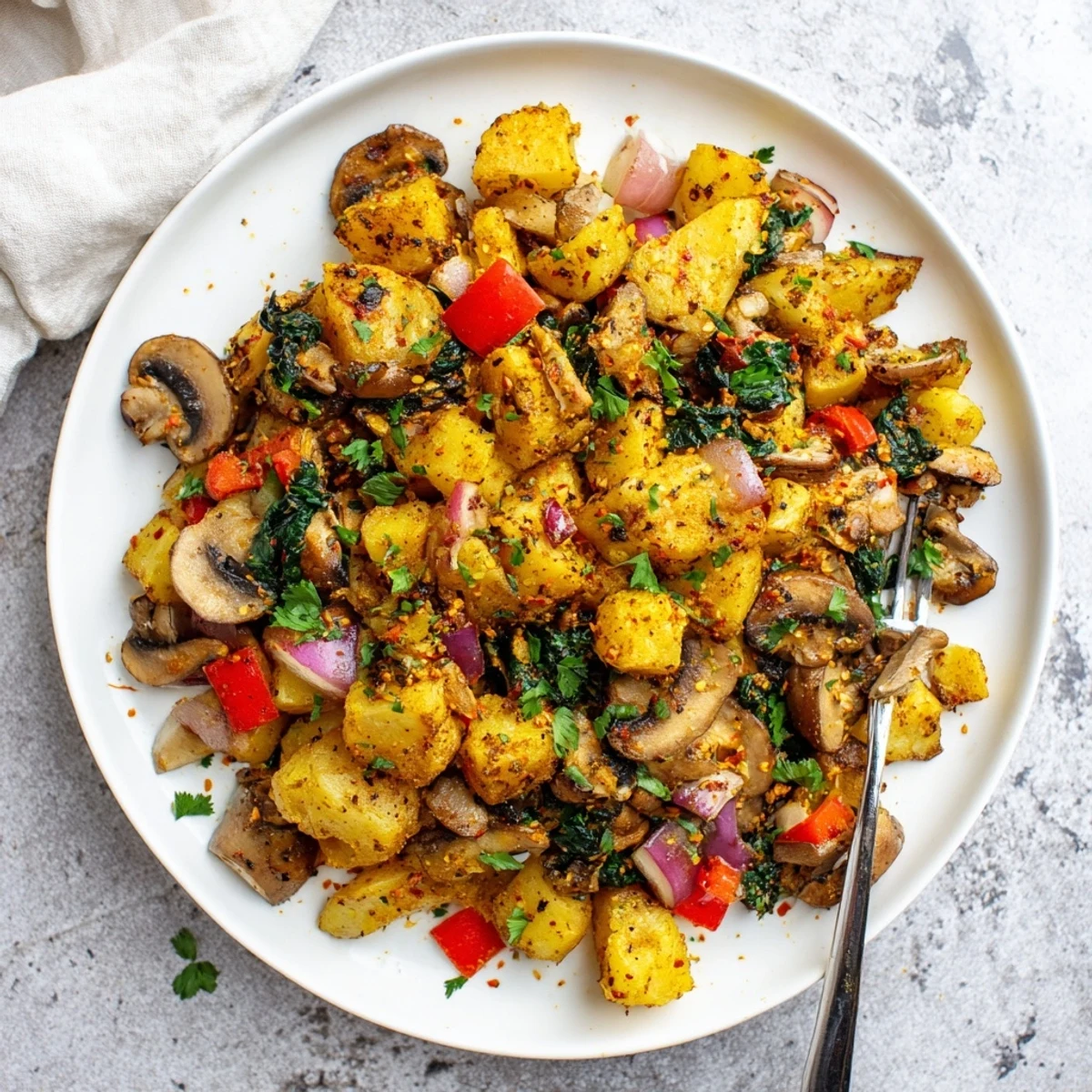 Hearty flavorful vegan breakfast hash featuring seasoned vegetables and fresh spinach garnish on a white plate