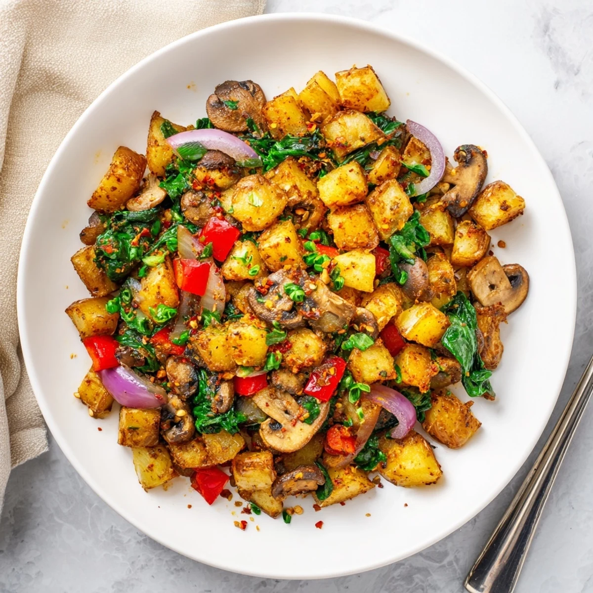 Wholesome vegan breakfast hash loaded with crispy roasted potatoes mushrooms and colorful veggies for a satisfying morning meal