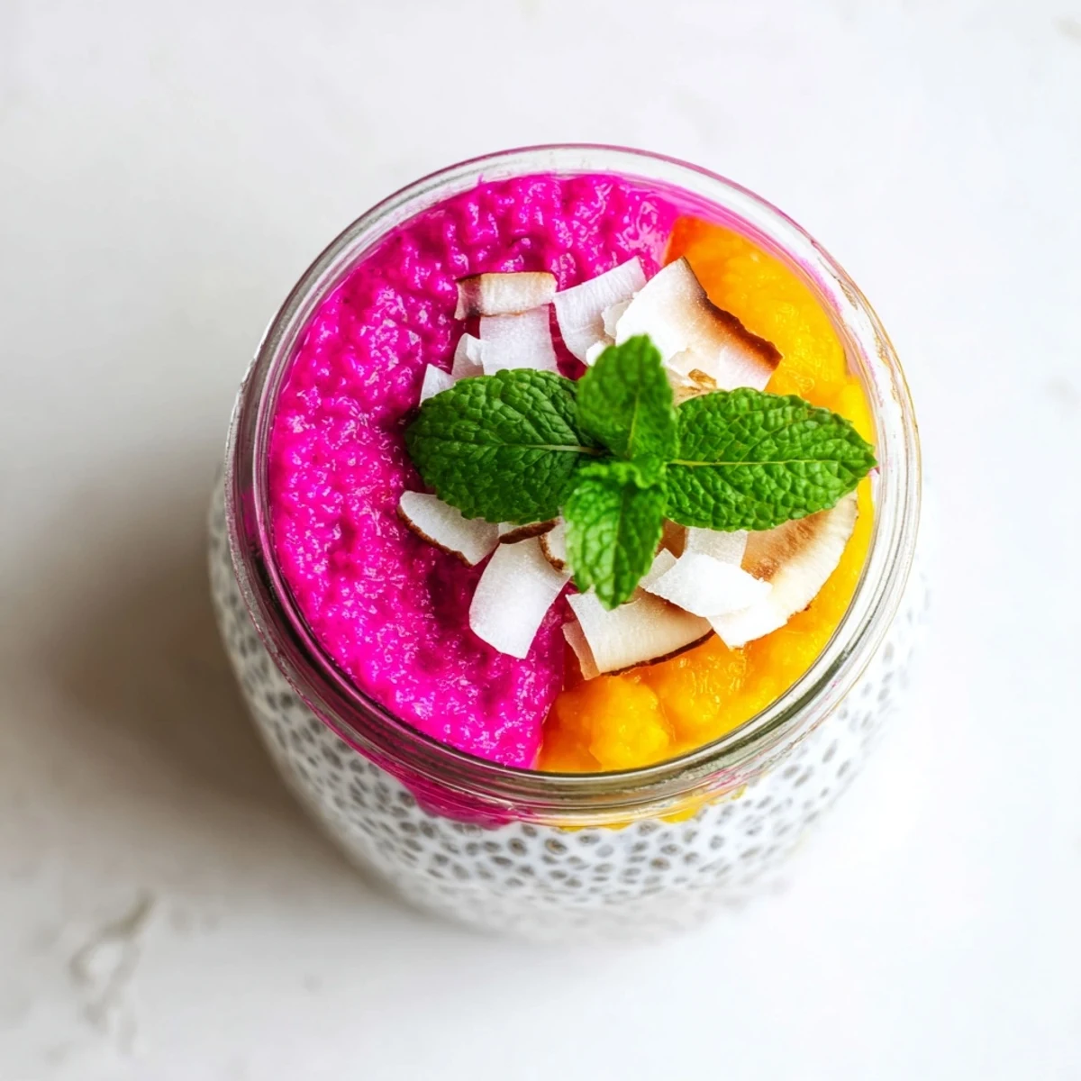 Layered glass jar displaying mango and dragon fruit chia pudding with creamy coconut milk base