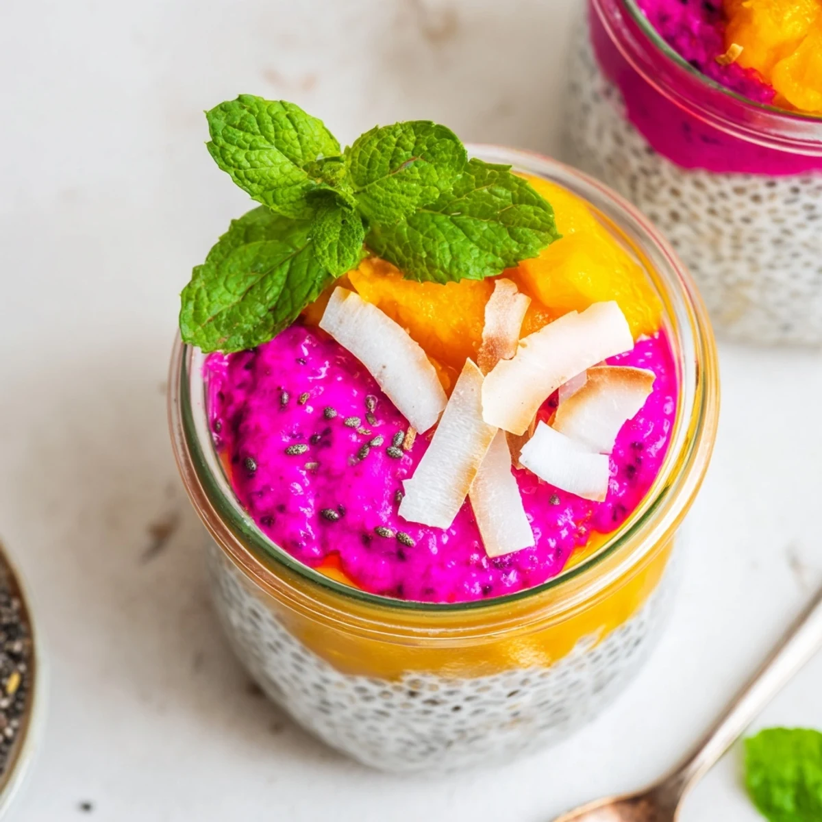 Vibrant mango and dragon fruit chia pudding swirled in clear serving glasses with toasted coconut garnish