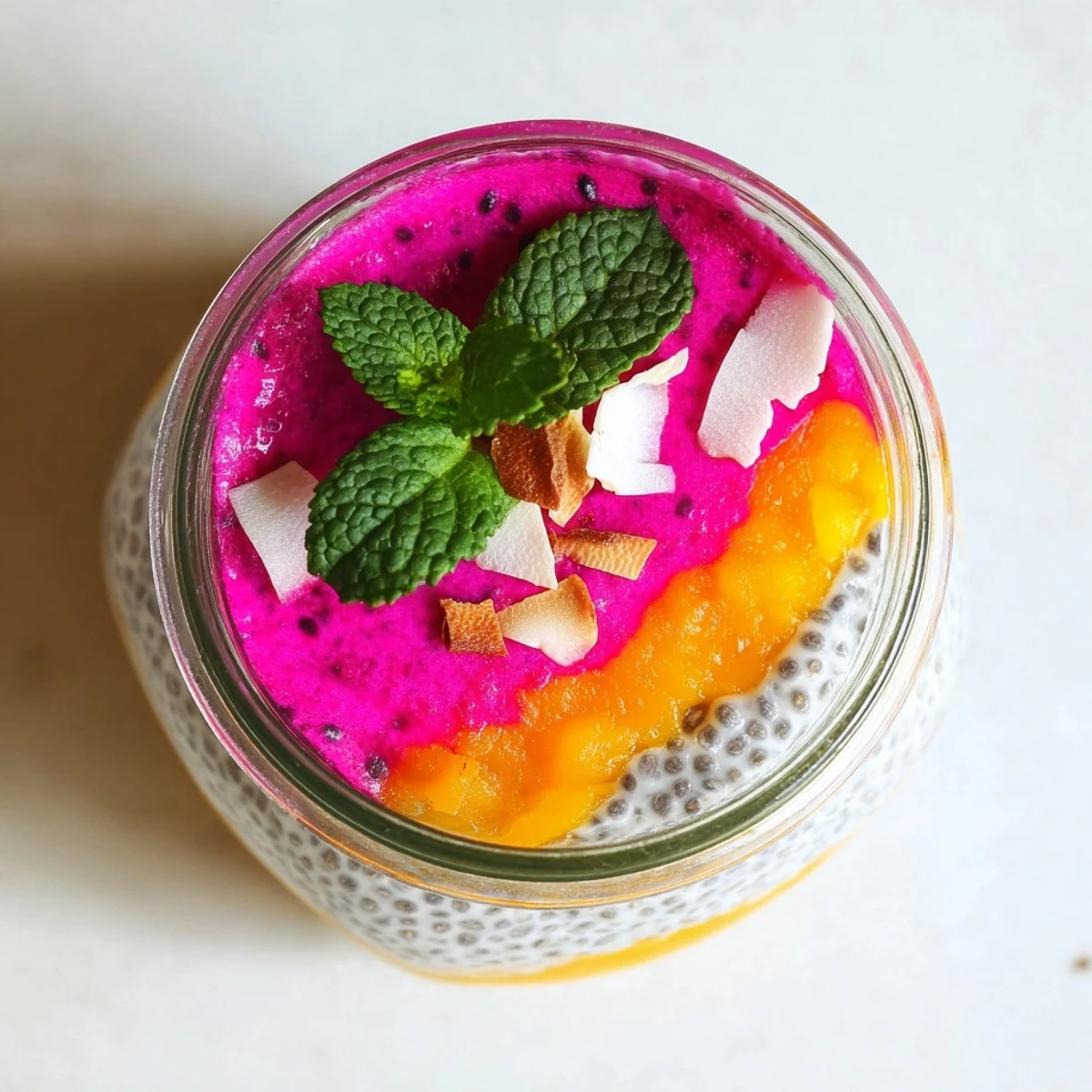 Tropical breakfast parfait featuring mango and dragon fruit chia pudding topped with fresh mint leaves
