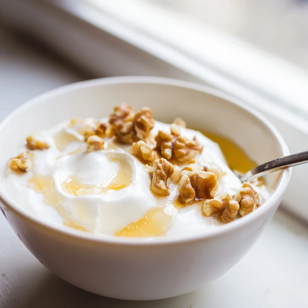 Creamy homemade Greek yogurt in a white bowl topped with fresh berries and honey drizzle