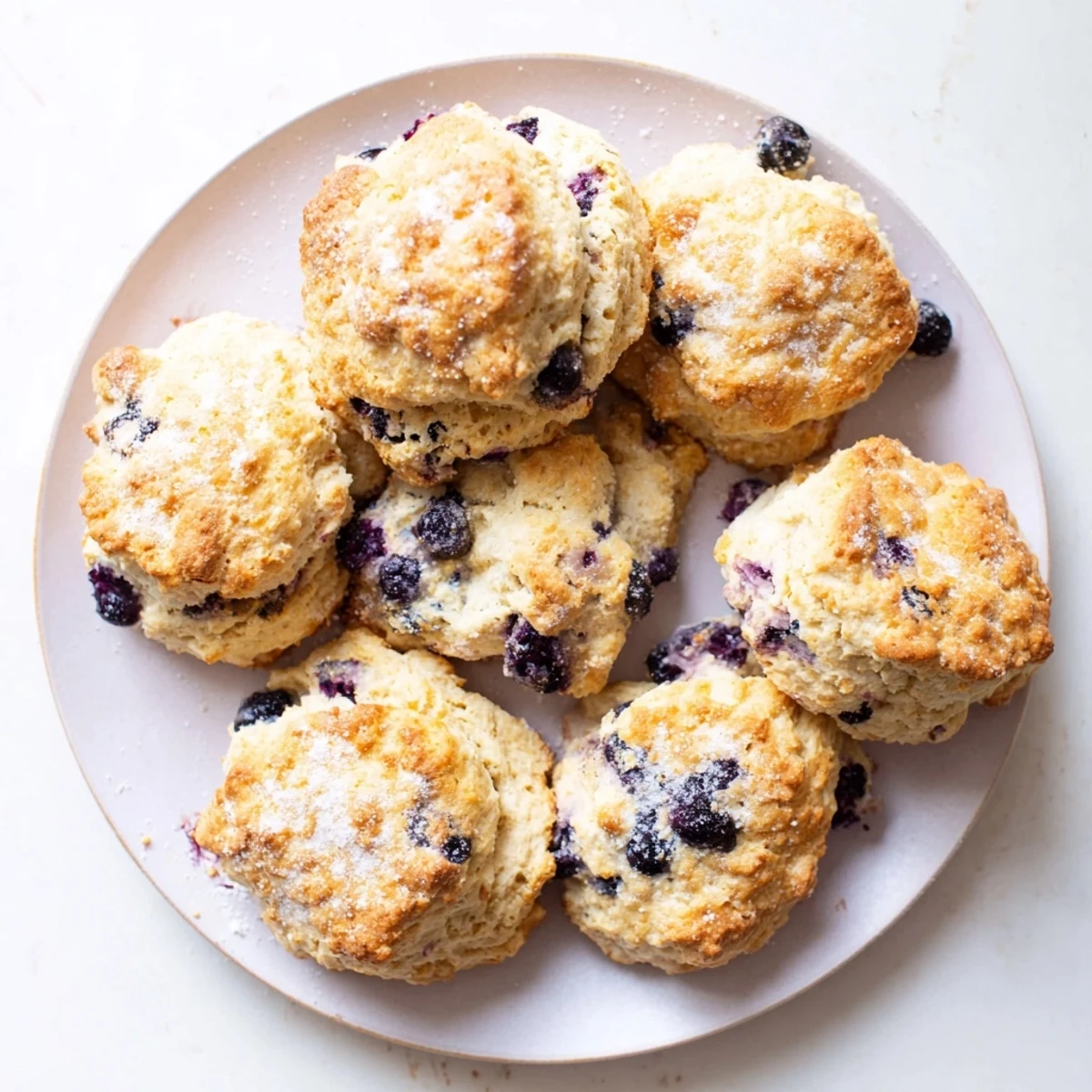 Warm tender blueberry biscuits bursting with juicy fruit on a white serving platter.