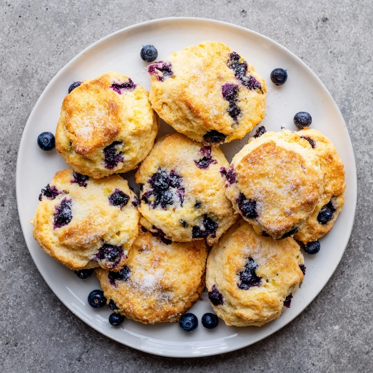 Freshly baked golden blueberry biscuits scattered with coarse sugar on a rustic wooden board.