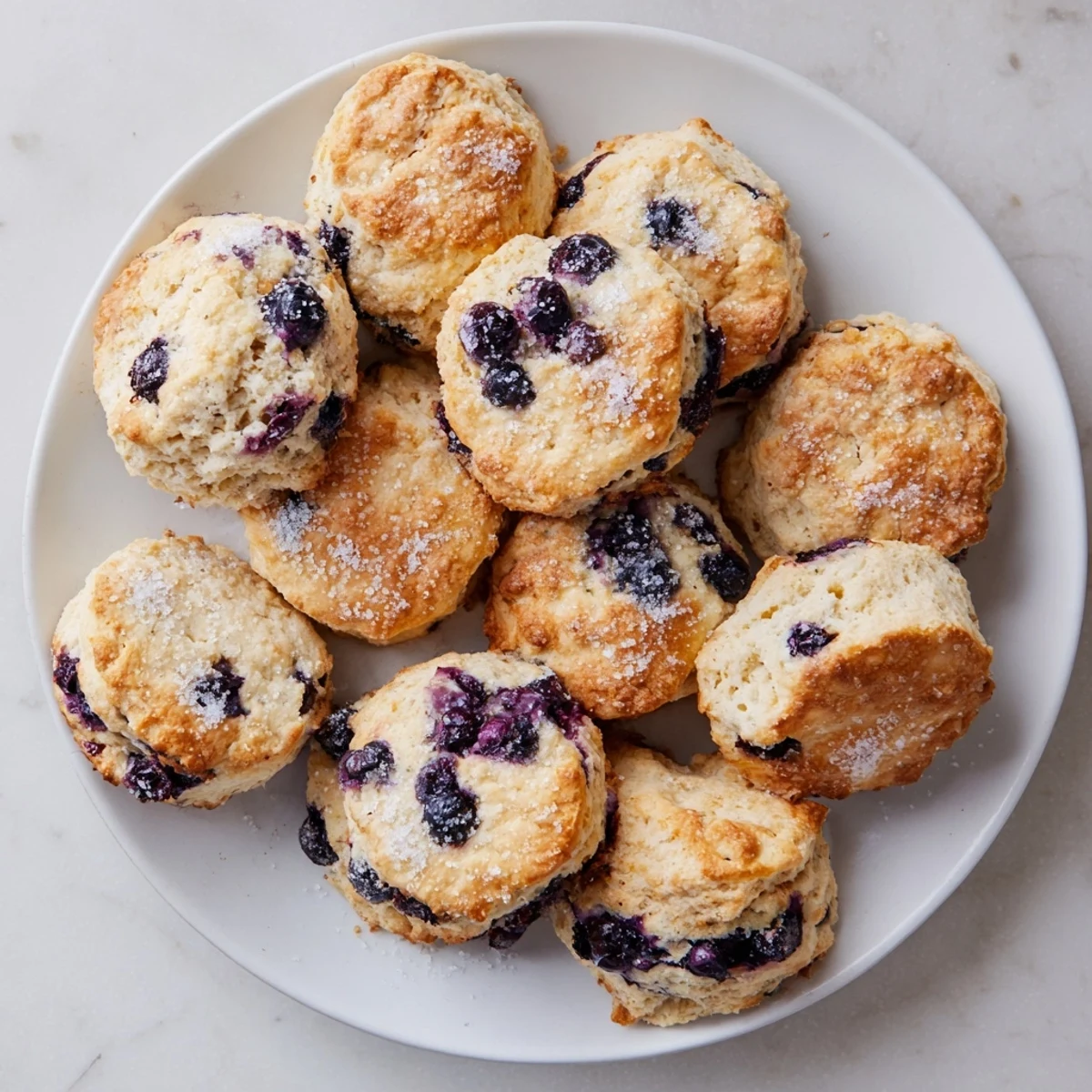 Golden homemade blueberry biscuits stacked high with melted butter drizzling over the tops.