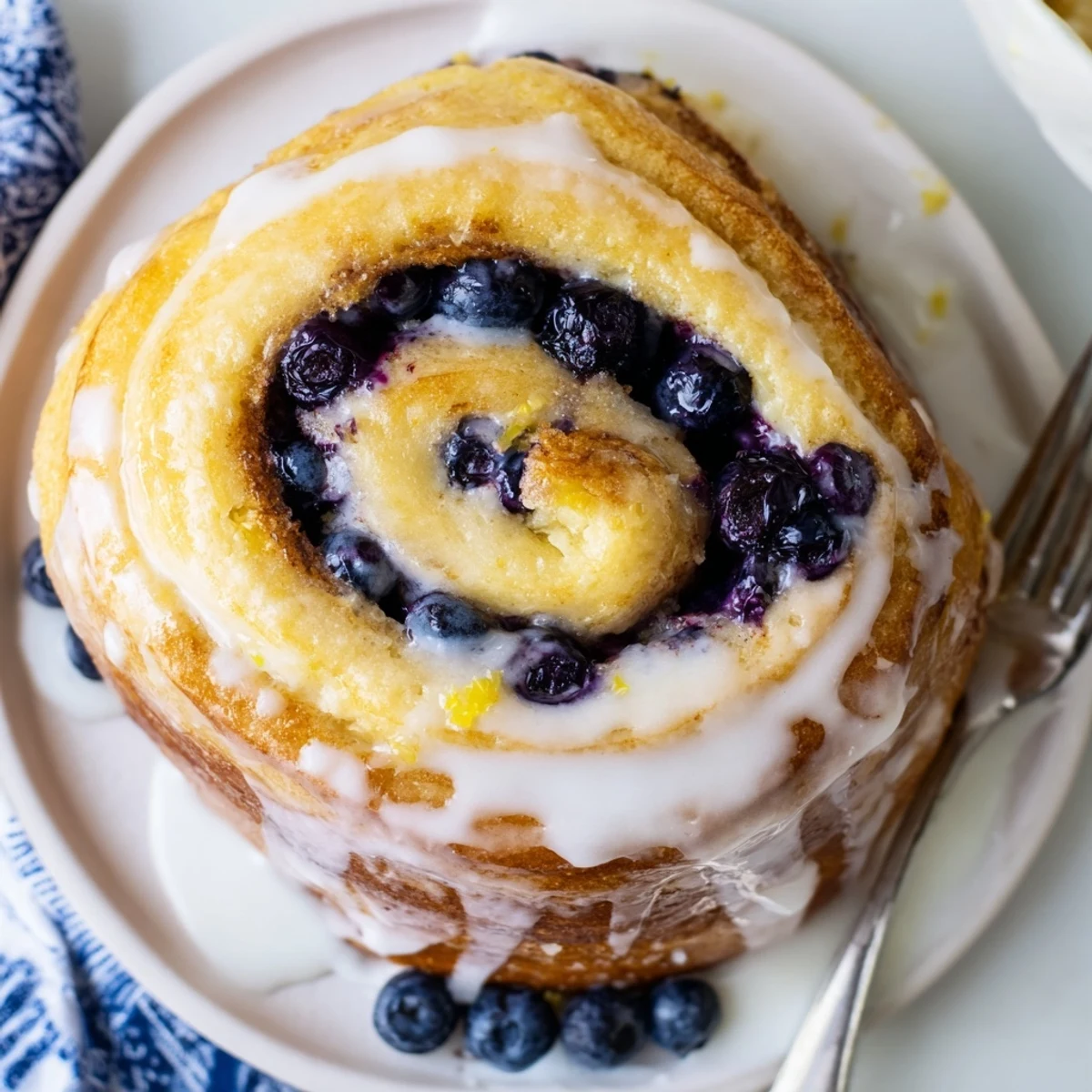Golden lemon blueberry rolls drizzled with sweet zesty glaze on a serving platter
