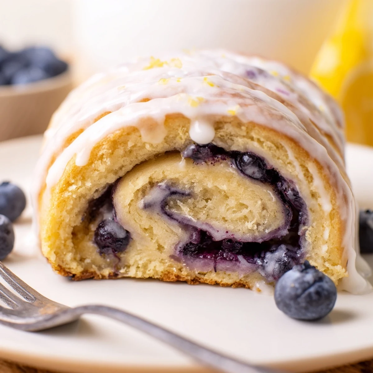 Soft fluffy lemon blueberry breakfast rolls topped with creamy glaze and lemon zest