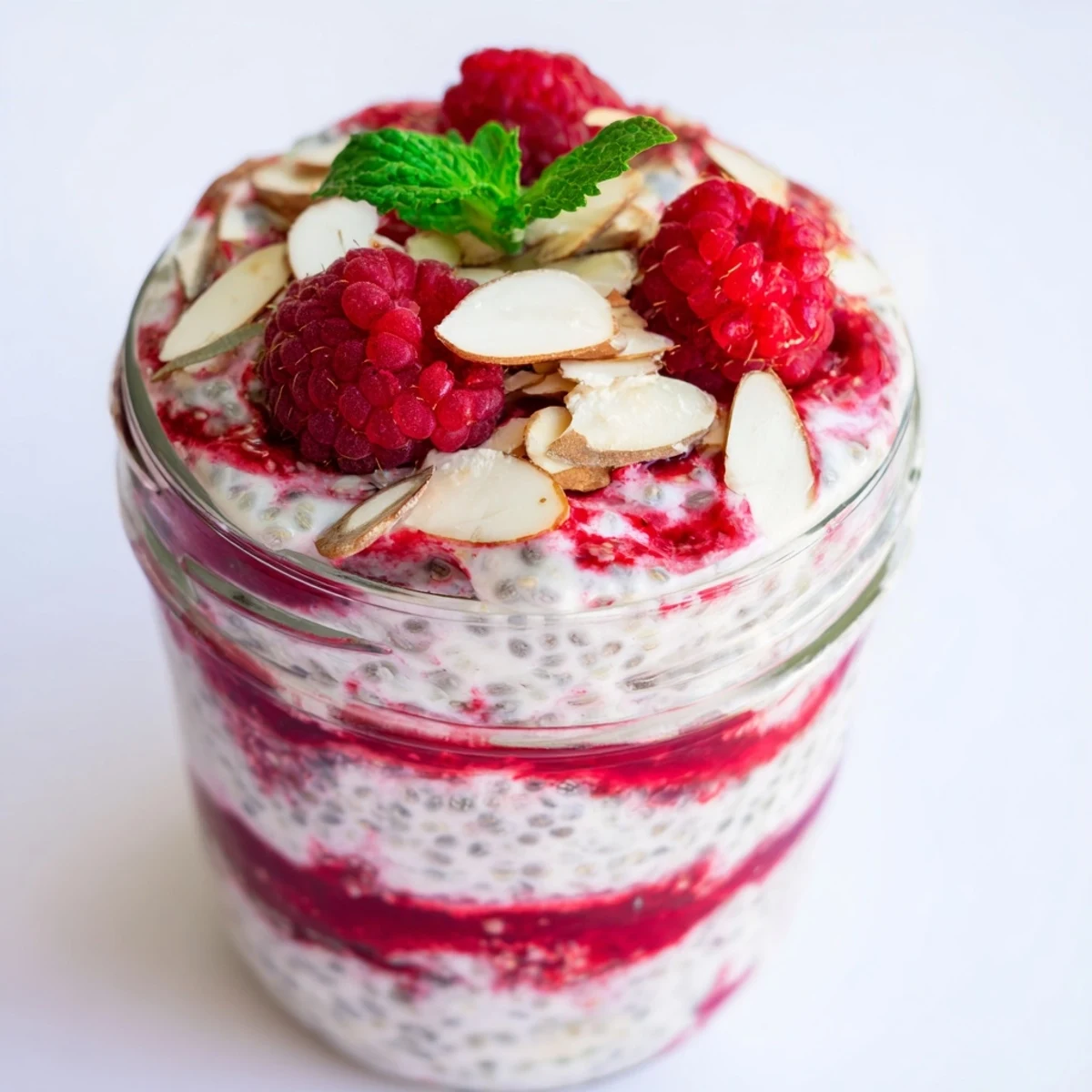 Creamy raspberry chia pudding sweetened with maple syrup layered in glass jars with fresh berry topping