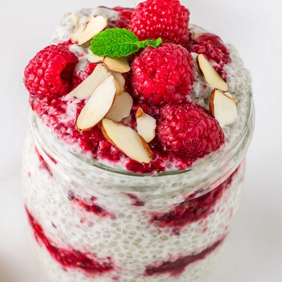 Vegan raspberry chia pudding featuring maple sweetened creamy layers topped with fresh raspberries and mint
