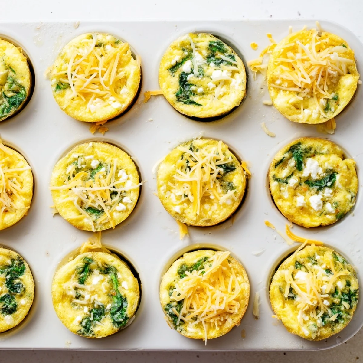 Golden baked egg muffins with spinach and feta cheese in a muffin tin
