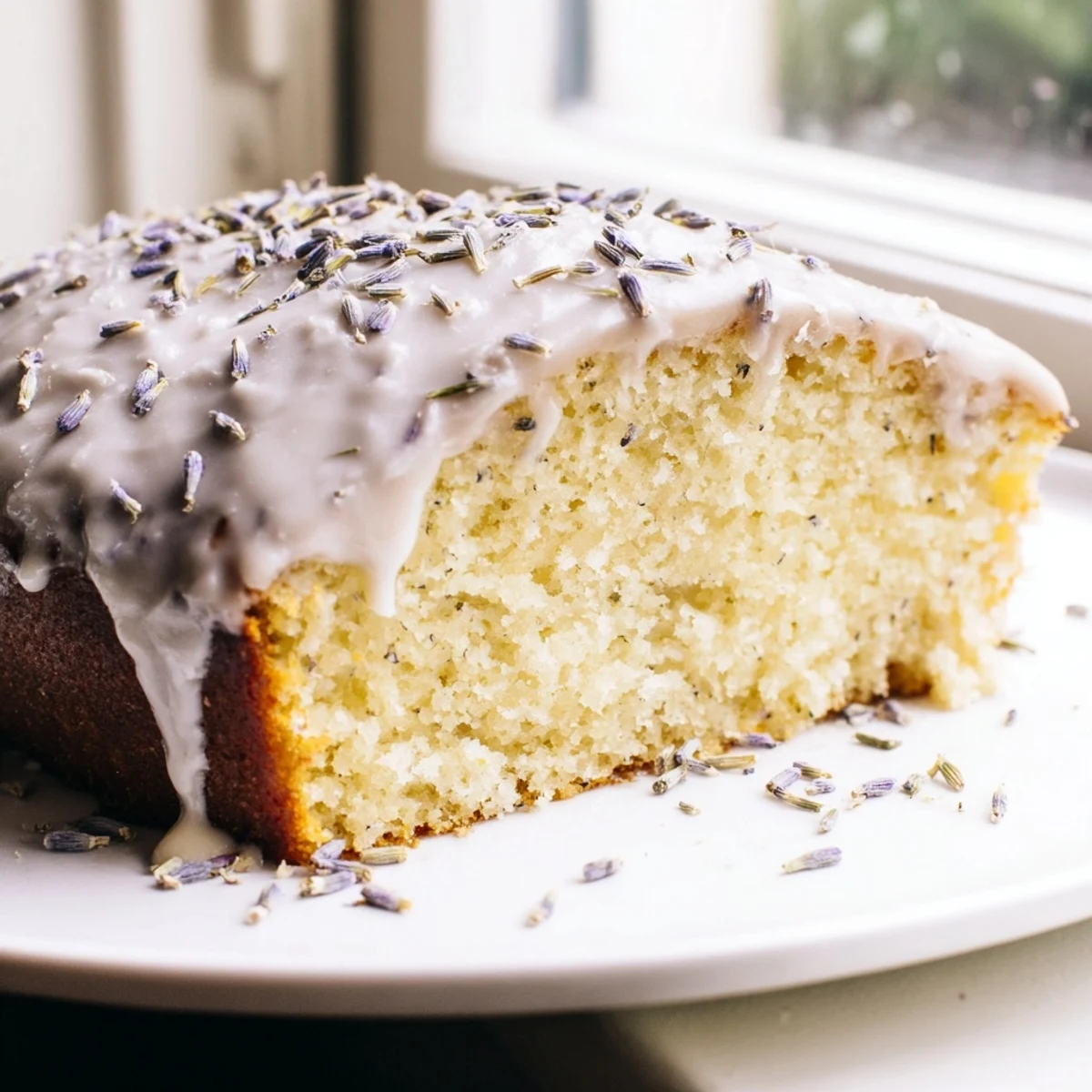Lavender cake with lemon glaze drizzled over a tender golden crumb