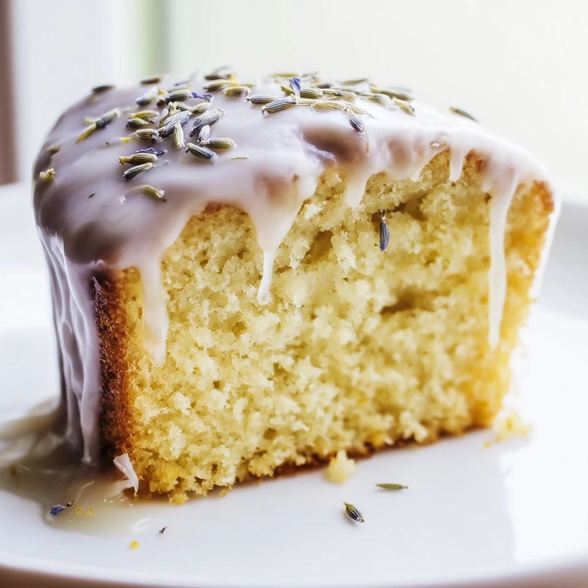 Soft lavender cake slice topped with sweet citrus icing on plate