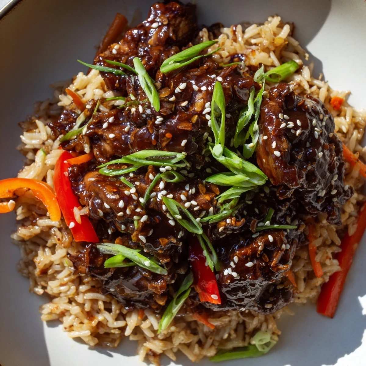 Glistening One Pan Korean BBQ Chicken and Rice topped with sesame seeds and green onions in cast iron skillet