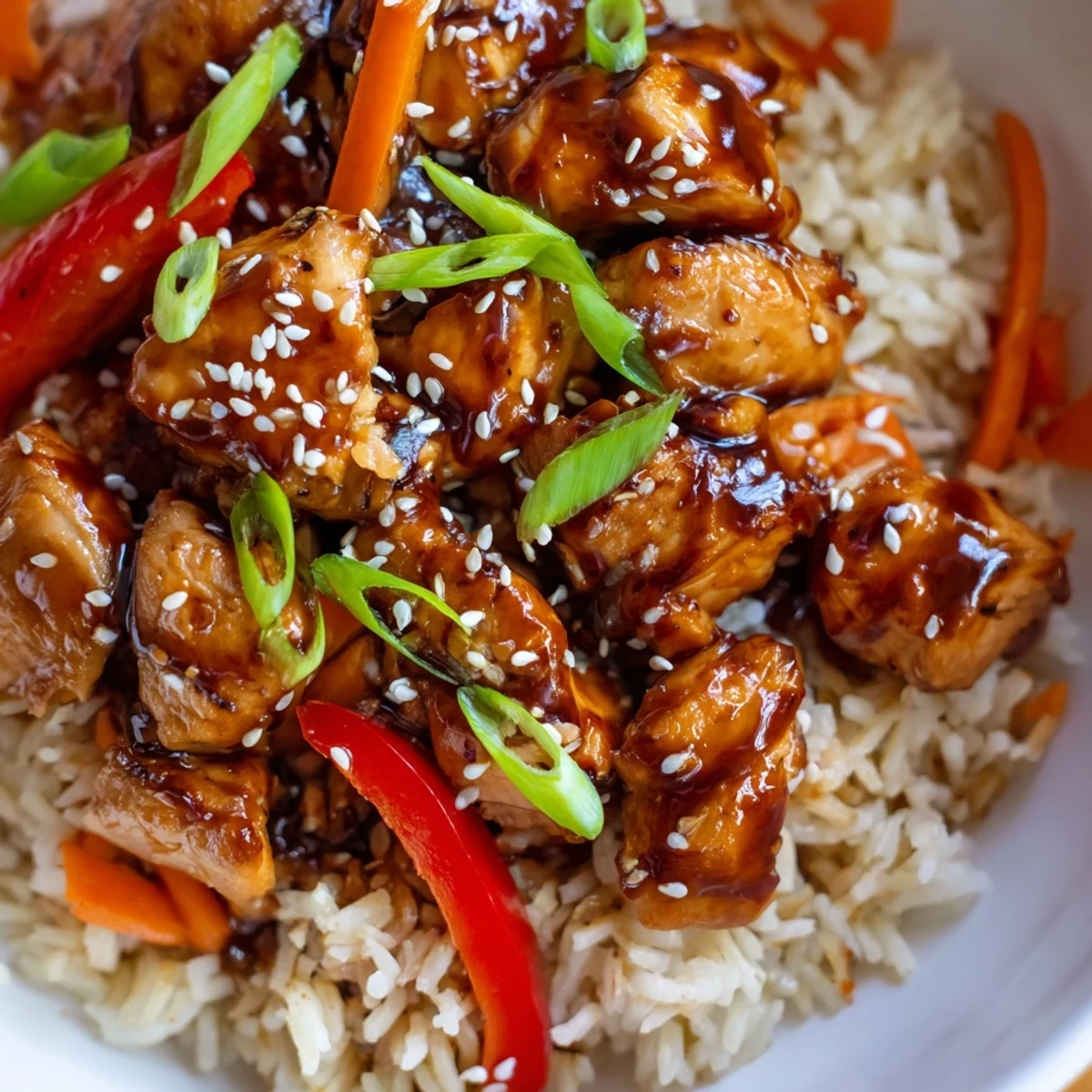 Steaming One Pan Korean BBQ Chicken and Rice with colorful bell peppers carrots and tender glazed chicken pieces