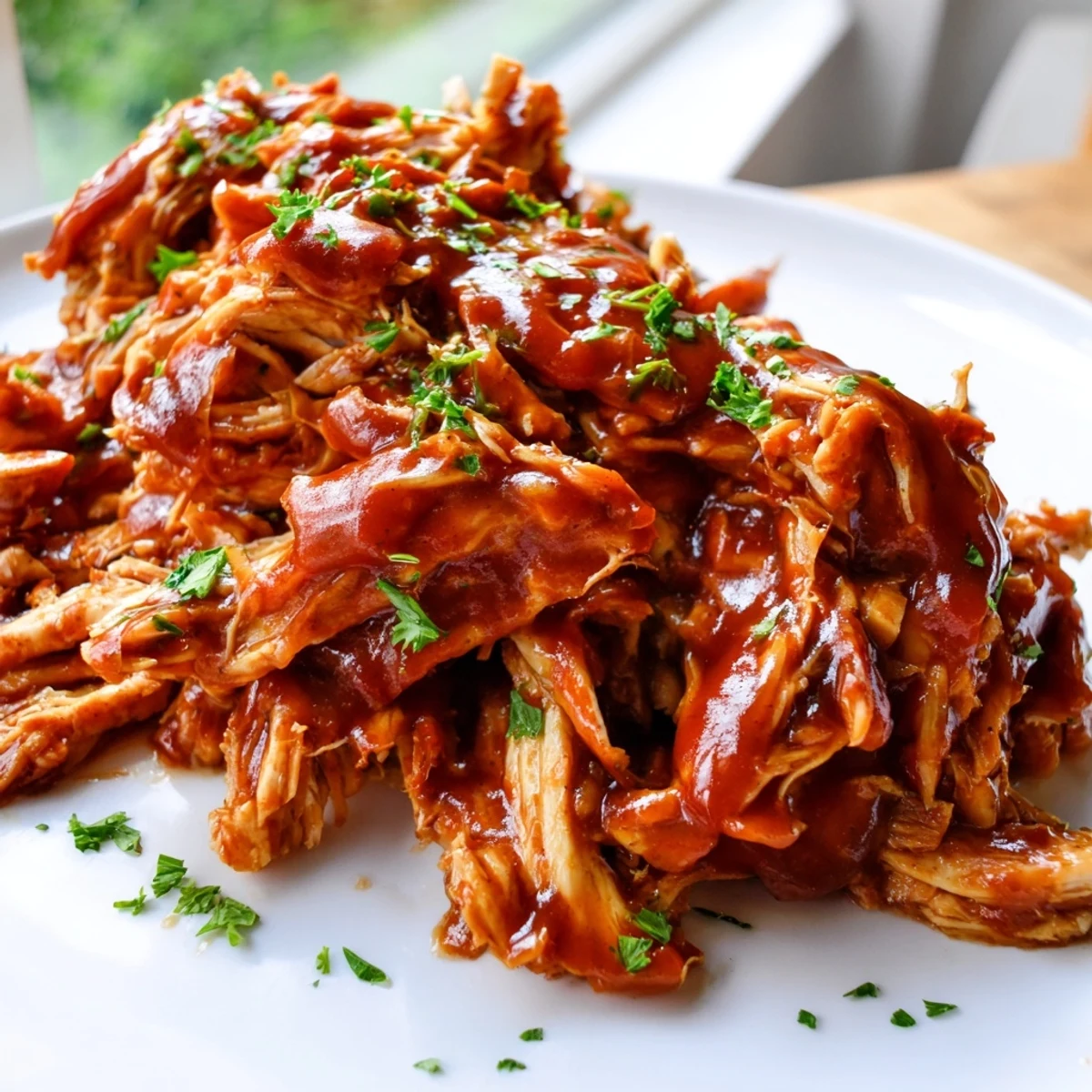 Tender Sweet Baby Ray's crockpot chicken glistening with sticky barbecue sauce on a white plate