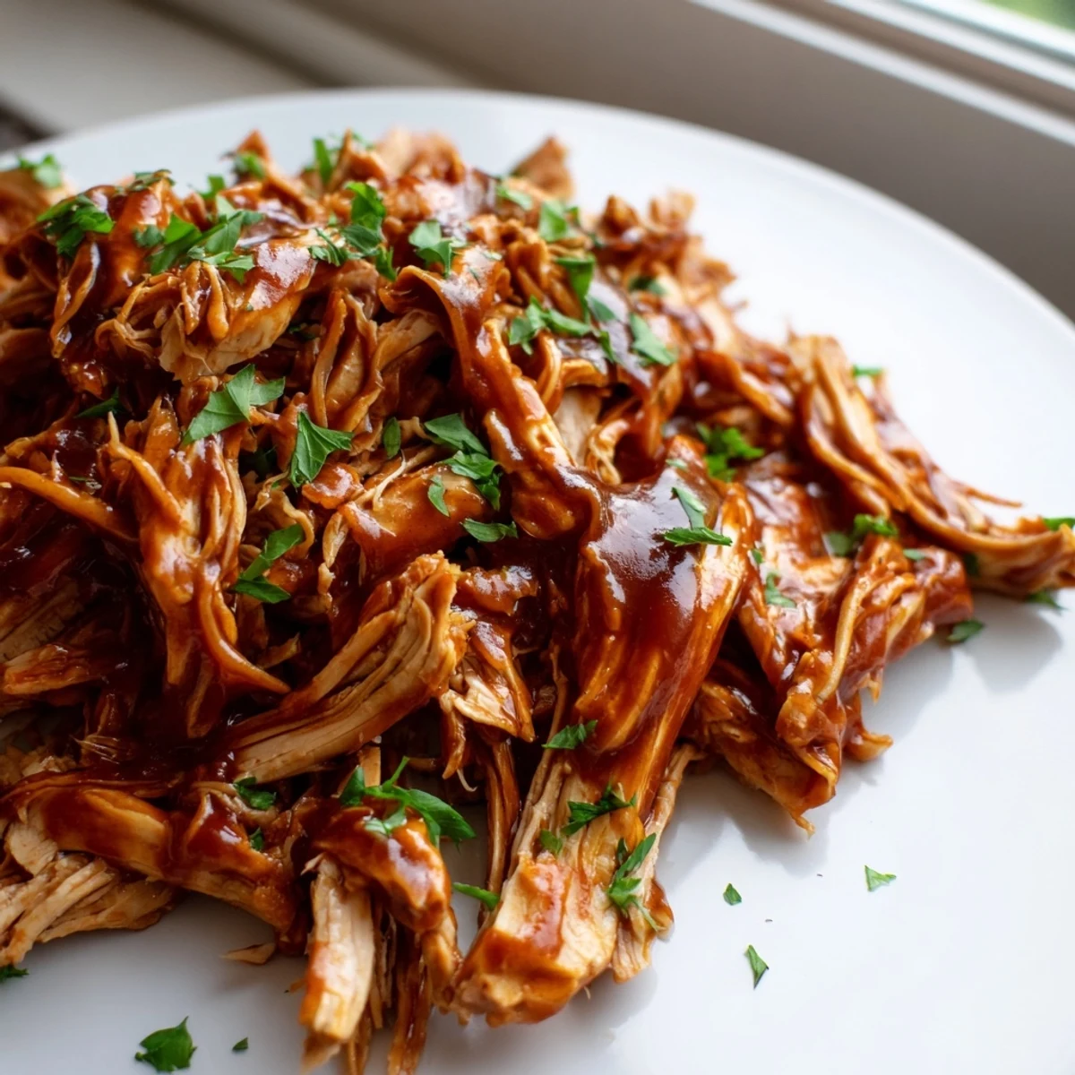 Slow-cooked Sweet Baby Ray's crockpot chicken shredded and coated in rich, tangy BBQ glaze