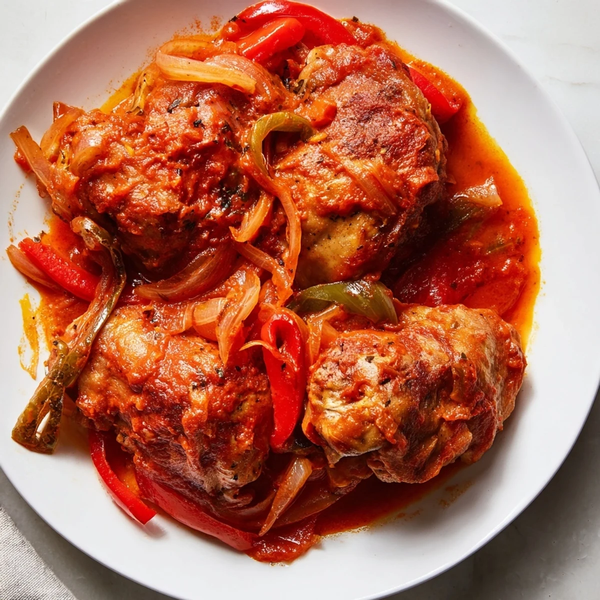 Tender Senegalese chicken simmered in rich tomato sauce with colorful bell peppers and aromatic spices