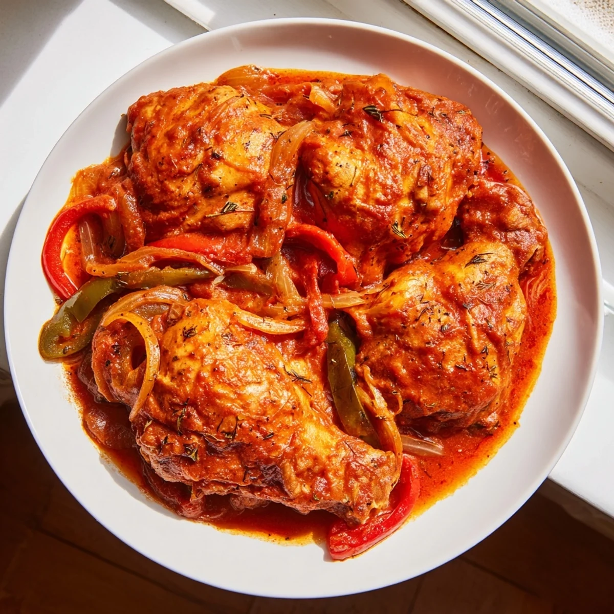 Golden brown Senegalese chicken pieces nestled in thick, savory onion and tomato stew