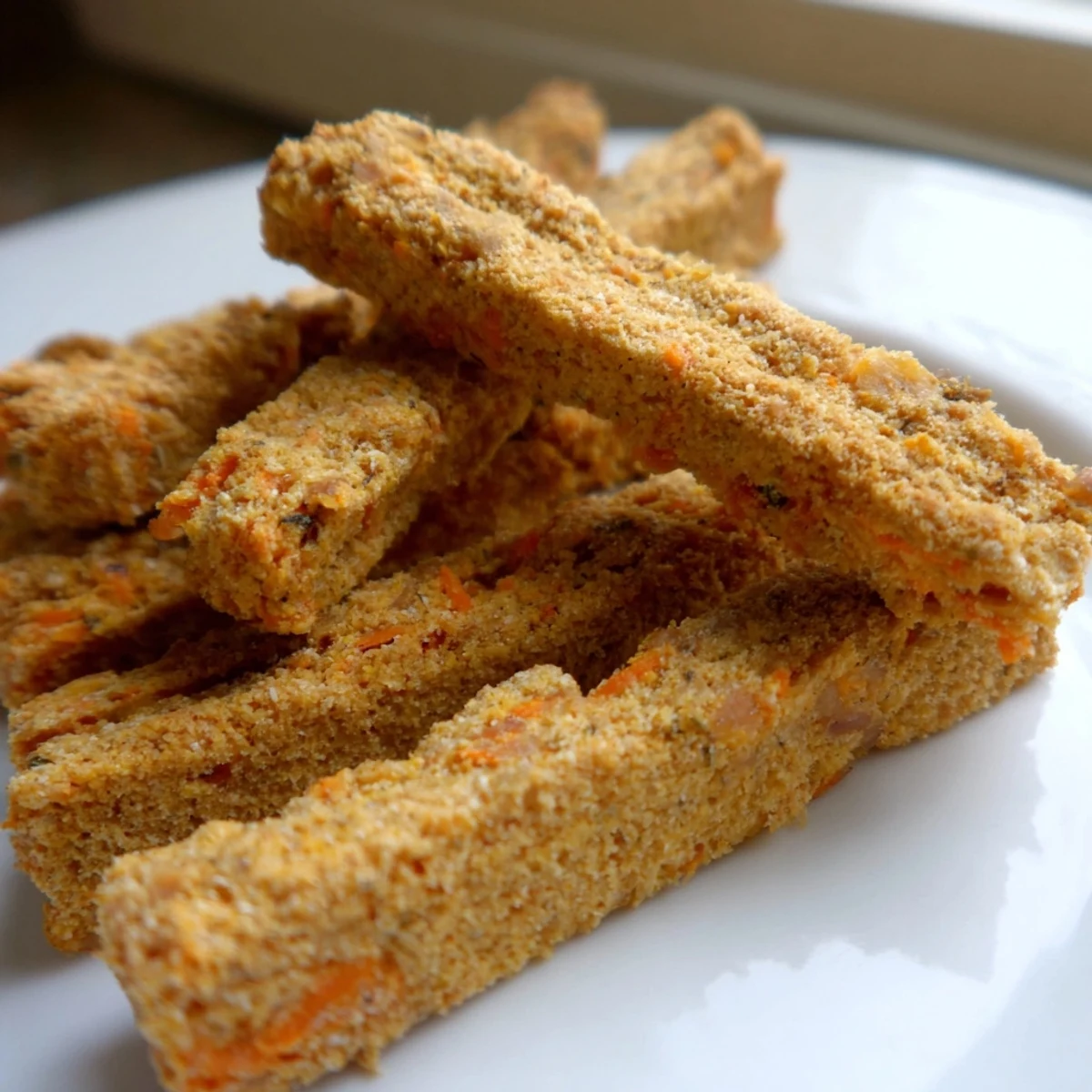 Golden homemade carrot apple dog chew sticks arranged on parchment paper for healthy treating