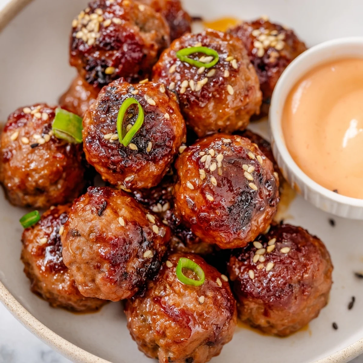 Golden Korean BBQ meatballs glistening with glaze beside a bowl of creamy spicy mayo dip