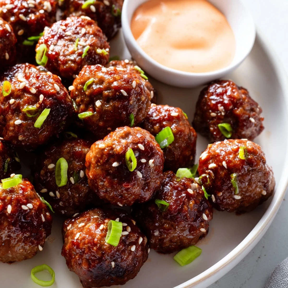 Bite-sized Korean BBQ meatballs topped with sesame seeds and green onions on a white platter