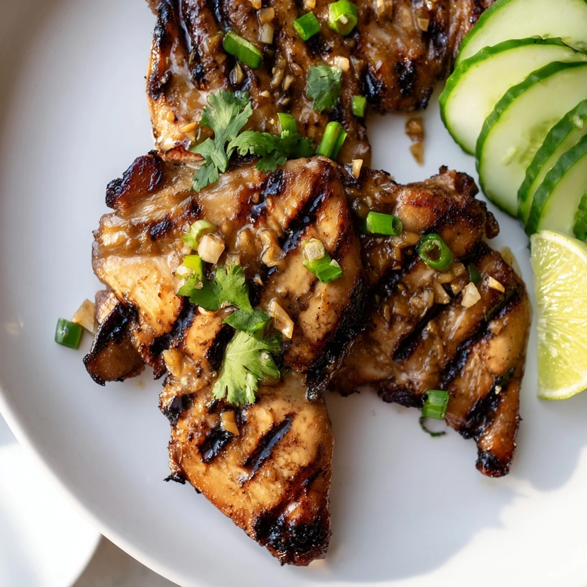 Juicy Grilled Vietnamese Chicken thighs garnished with fresh cilantro and bright lime wedges