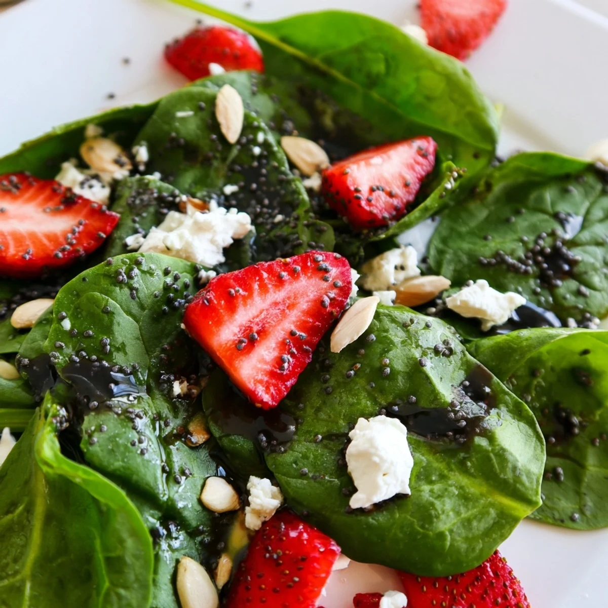 Fresh strawberry spinach salad topped with crumbled feta and toasted almonds in bowl