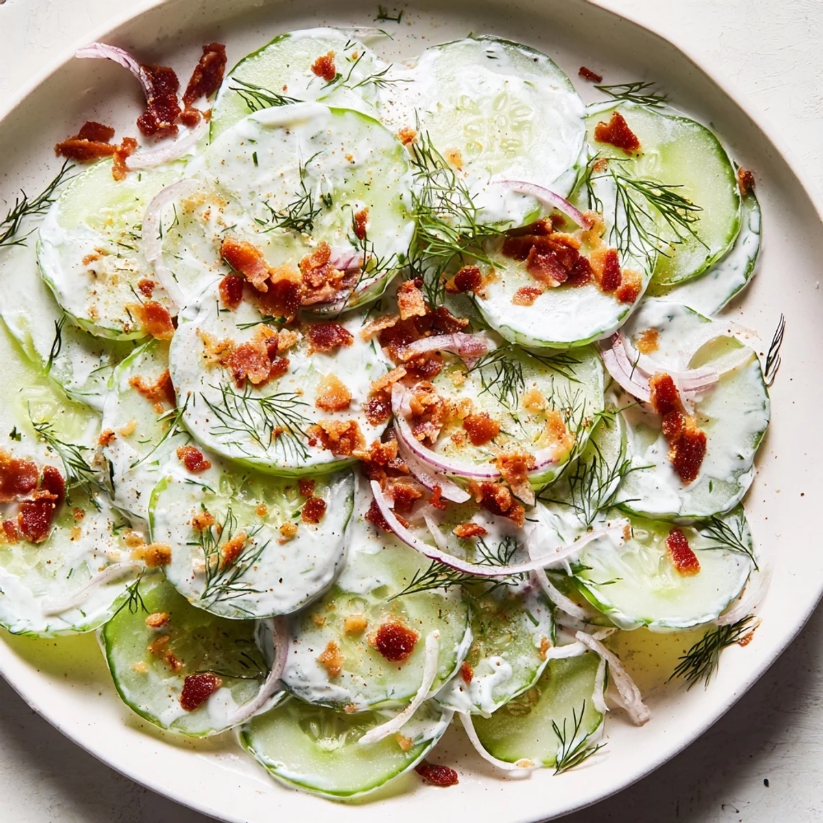 Crisp cucumber salad with crumbled bacon and fresh dill in creamy tangy dressing