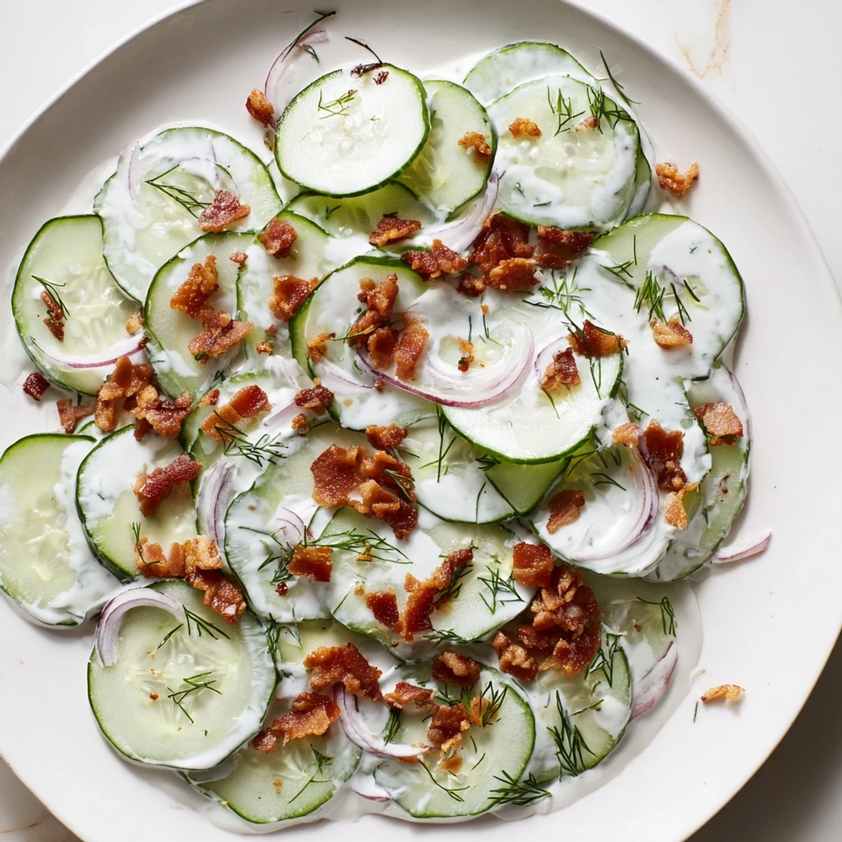 Healthy cucumber salad featuring thinly sliced vegetables and smoky bacon in light yogurt dressing