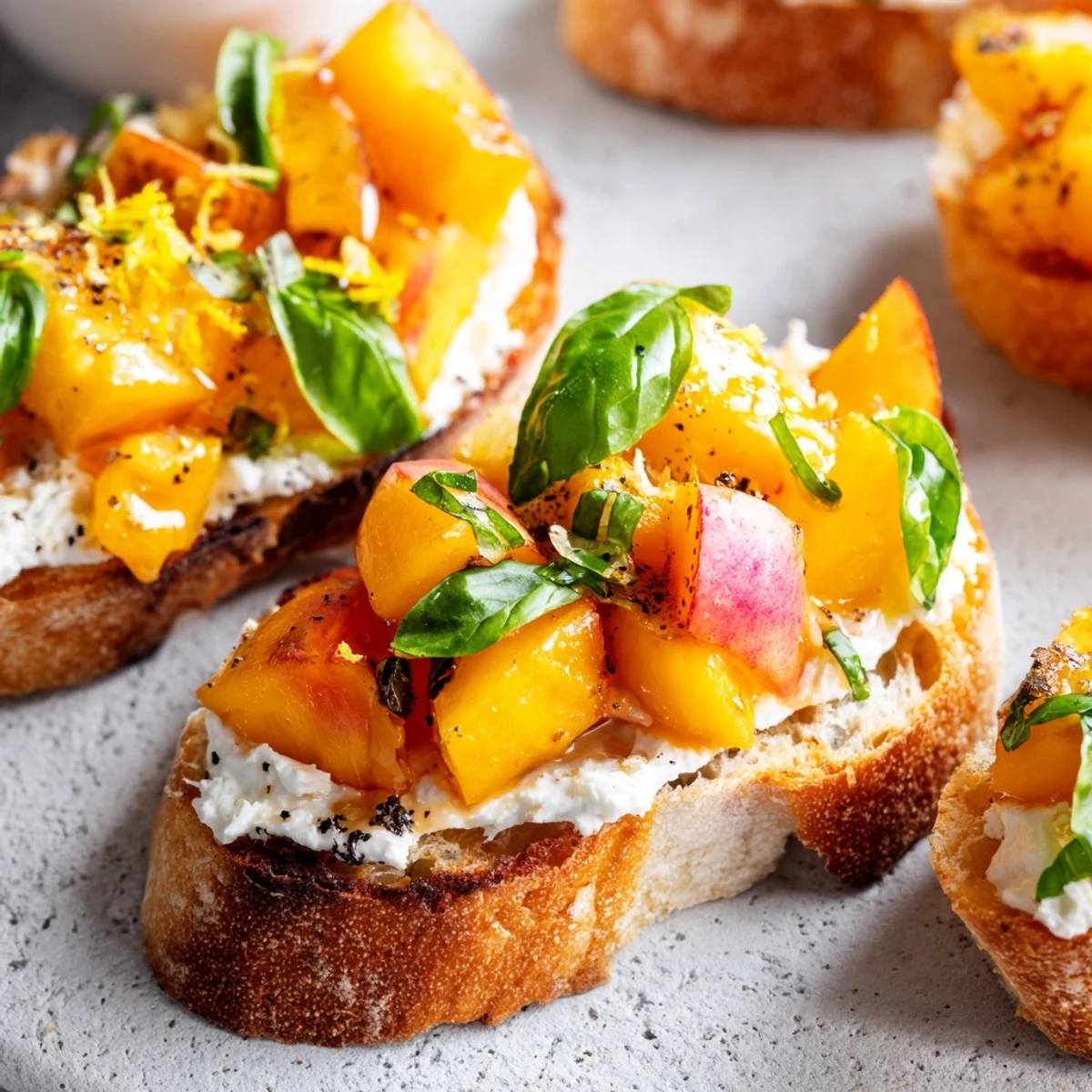 Golden toasted baguette slices topped with creamy ricotta and sweet Sun Kissed Peach Bruschetta