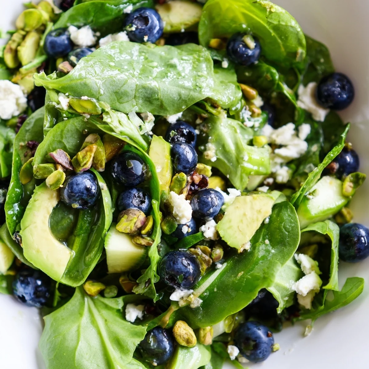 A vibrant Blueberry Pistachio Spring Salad topped with crumbled feta and fresh berries