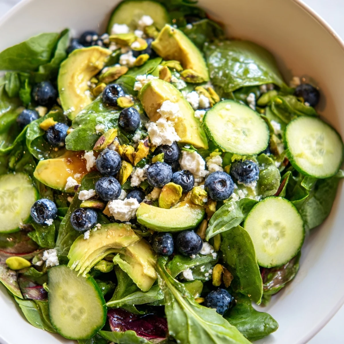Blueberry Pistachio Spring Salad served in a rustic bowl with a tangy lemon dressing