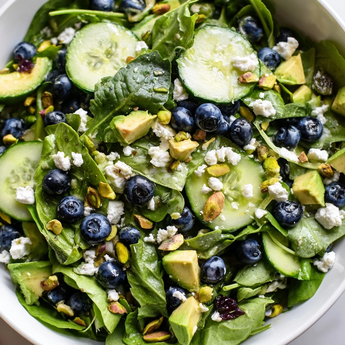 Crisp spring greens loaded with juicy blueberries and crunchy pistachios in this refreshing salad